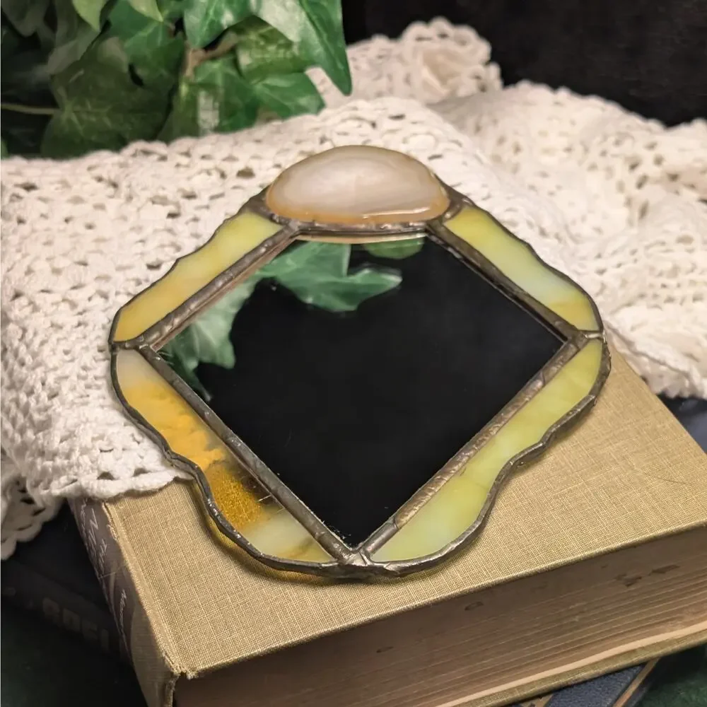 Handmade Vintage Stained Glass Mirror w Agate Stone Wall Hanging Boho Decor OOAK